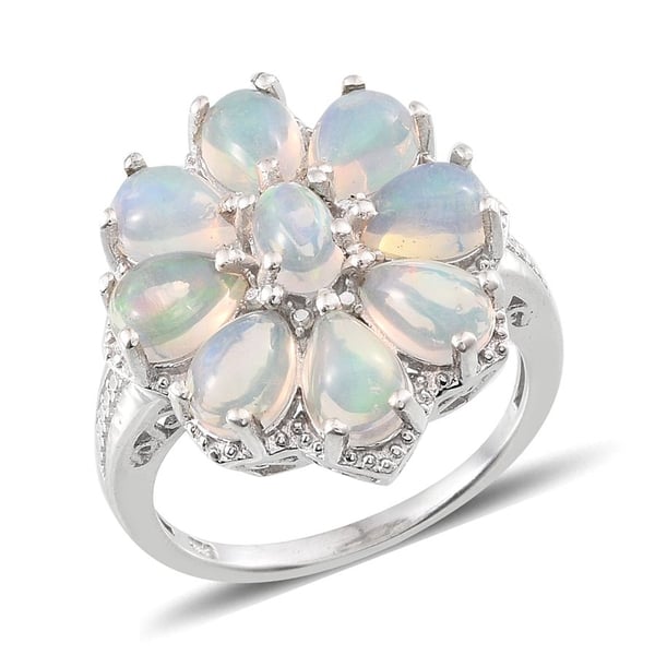 Ethiopian Welo Opal (Ovl), Diamond Floral Ring in Platinum Overlay Sterling Silver 4.010 Ct.