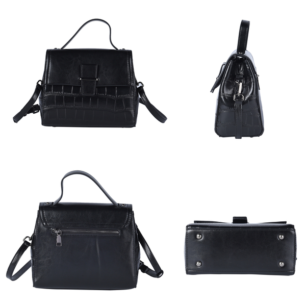 SENCILLEZ 100% Genuine Leather Croc Embossed Pattern Convertible Bag with Shoulder Strap (Size 23x18x9Cm) - Black