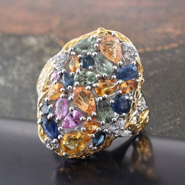 Yellow Sapphire (Pear), Kanchanaburi Blue Sapphire, Orange Sapphire, Pink Sapphire, Green Sapphire and Multi Gem Stone Ring in Platinum and Yellow Gold Overlay Sterling Silver 5.01 Ct.