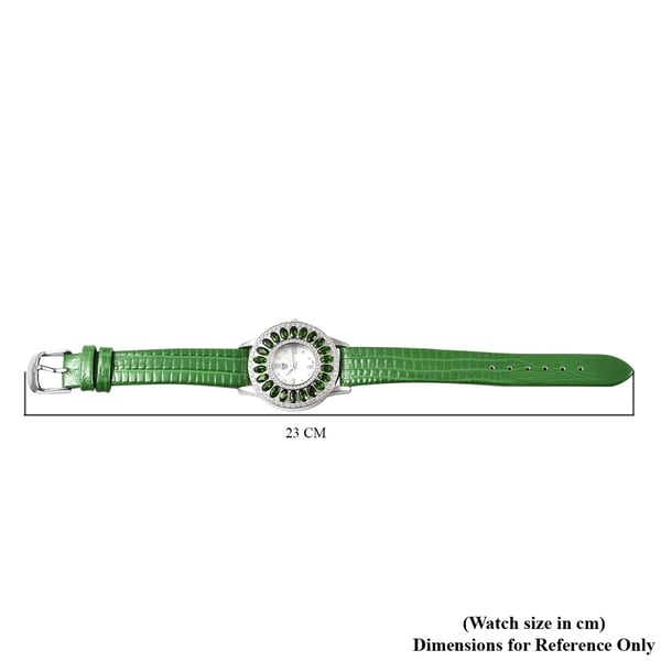 EON 1962 Swiss Movement White Dial Chrome Diopside and Simulated Diamond Studded 3 ATM Water Resistant Watch with Green Leather Strap