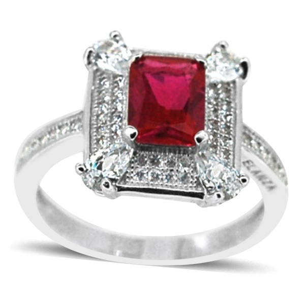 ELANZA AAA Simulated Ruby (Oct), Simulated Diamond Ring in Rhodium Plated Sterling Silver