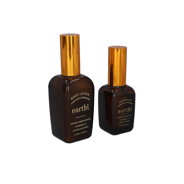 Shungite Enriched Earthi Almond and Saffron Body Lotion with Complementary Jasmine and Mogra Shower Gel (100ml+50ml)