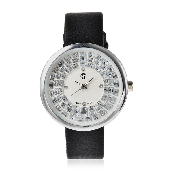 STRADA Japanese Movement White Austrian Crystal and Simulated Diamond Watch - White and Black