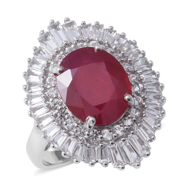 9.21 Ct African Ruby and White Topaz Halo Ring in Rhodium Plated Silver 6 Grams