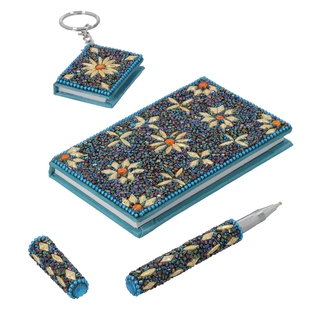 3 Piece Set - Beads Decorative Diary Keychain and Pen - Light Green Colour