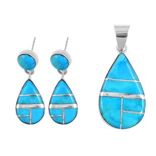 Santa Fe Collection - 2 Piece Set - Kingman Turquoise Pendant and Drop Earrings in Sterling Silver 7