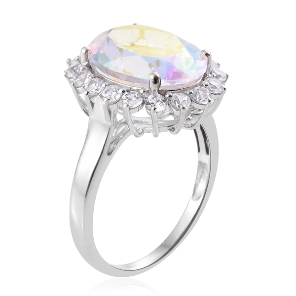 Limited Edition - Rare Size AAA Mercury Mystic Topaz (Ovl 8.20 Ct), Natural White Cambodian Zircon Ring in Platinum Overlay Sterling Silver 9.750 Ct.