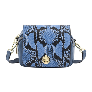  Genuine Leather Snake Pattern Crossbody Bag with Shoulder Strap - Blue