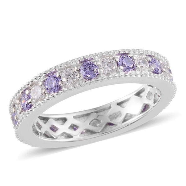 AAA Simulated Tanzanite (Rnd), Simulated Diamond Full Eternity Ring in Platinum Overlay Sterling Sil