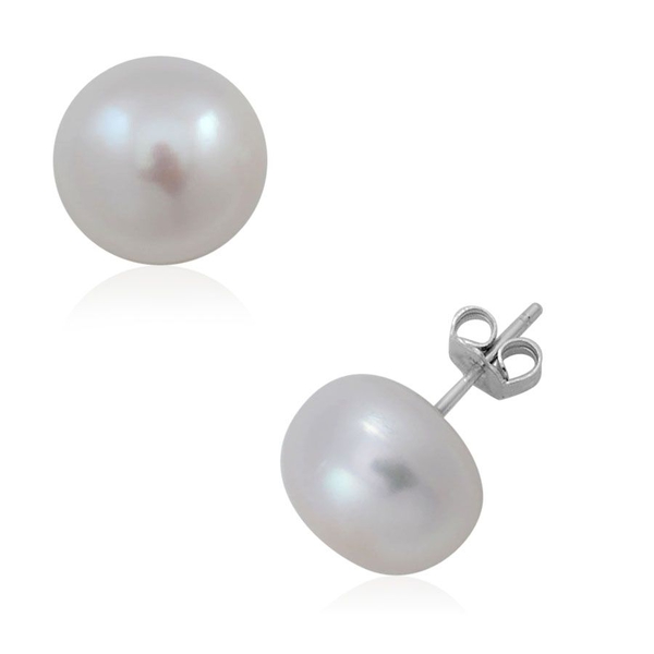 Fresh Water White Pearl (Size 13-14 mm) Ball Stud Earrings (with Push Back) in Rhodium Plated Sterli