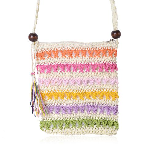 Pink, Orange, Off White and Multi Colour Woven Pattern Crossbody Bag (Size 23x19 Cm) - 3029141 - TJC