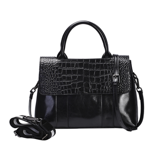 Hong Kong Closeout Collection Genuine Leather Womens Convertible Bag with Two long Strap - Black