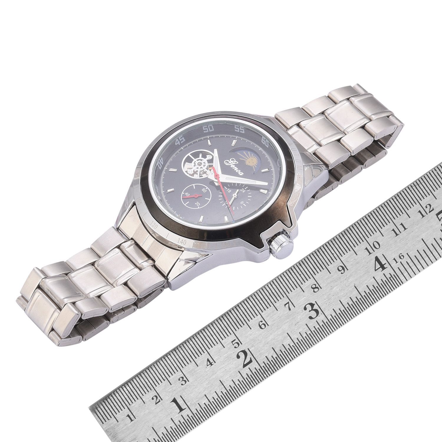 GENOA Automatic Skeleton Black Dial Water Resistant Watch in ION Plated Silver with Stainless Steel Back and Chain Strap