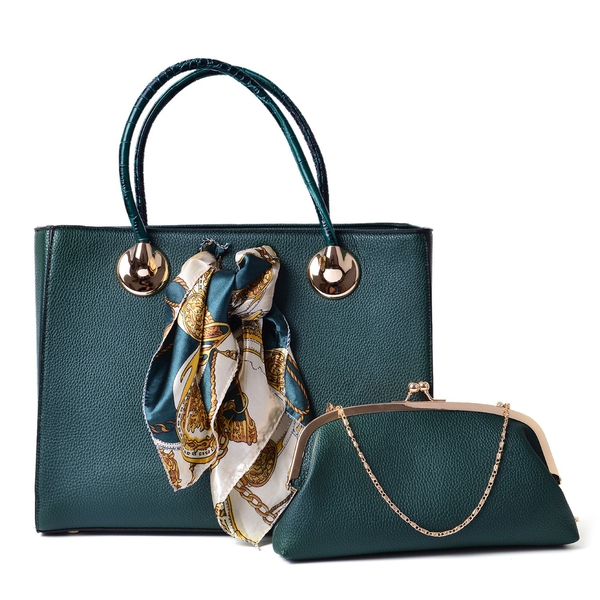Teal Green Colour Large Tote Bag with External Zipper Pocket, Small Clutch and Multi Colour Scarf (S