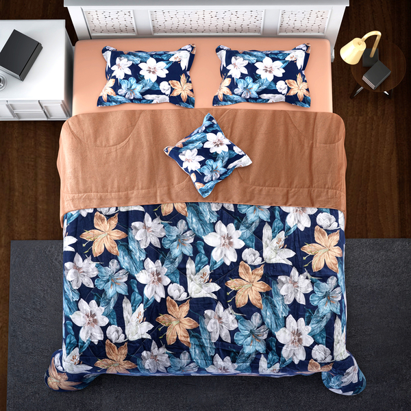 4 Piece Set - Serenity Night Silk Quilt with Printed Cotton Cover, 2 Pillow Cases and Cushion Covers- Peach