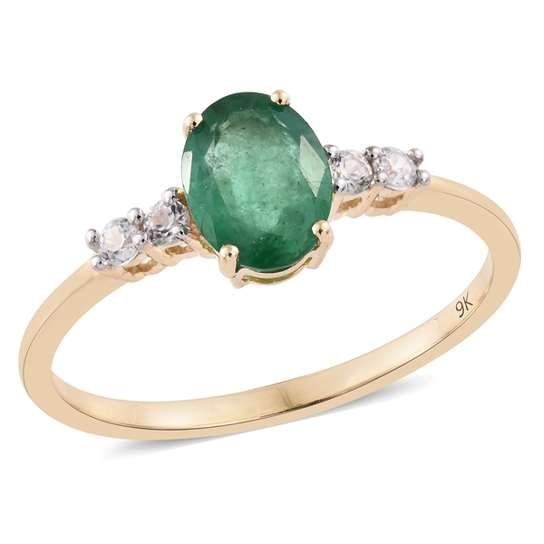 1.15 Ct AAA Zambian Emerald and Cambodian Zircon Solitaire Ring in 9K Gold 1.45 Grams