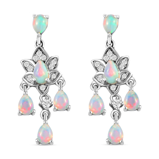Ethiopian Welo Opal and Natural Cambodian Zircon Dangling Earrings (With Push Back) in Platinum Over