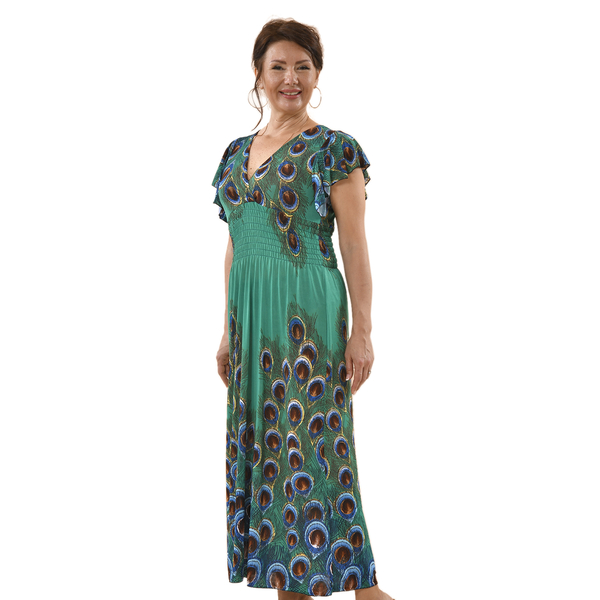 Tamsy Peacock Feather Pattern Stretch Waistband Maxi Dress (Size 8-20) - Green & Multi