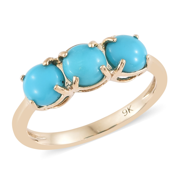 Limited Edition- 9K Yellow Gold AAA  Arizona Sleeping Beauty Turquoise(Rnd) Trilogy Ring 1.500 Ct