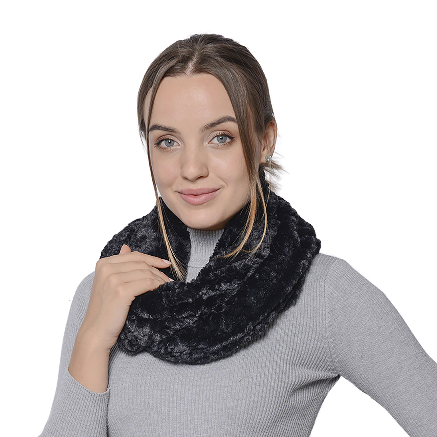 Italian Designer Inspired- High Quality Faux Fur Infinity Scarf 76x20cm) - Black