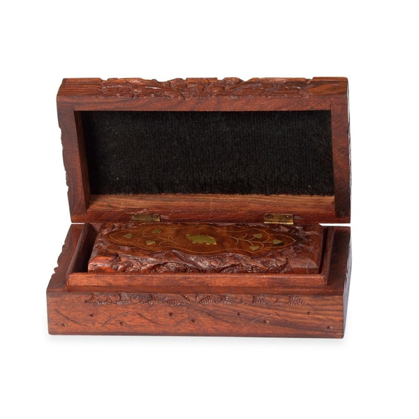 Set of 3 - Limited Available Elephant Brass Inlay Indian Rosewood Carved Jewellery Box with Black Velvet Inside (Size 20x12x7 Cm, 16x9x5 Cm, 13x5x3 Cm)