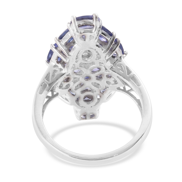 Tanzanite (Ovl), Natural Cambodian Zircon Cluster Ring in Platinum Overlay Sterling Silver 3.750 Ct.