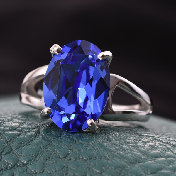 - Sapphire Colour Crystal (Ovl) Solitaire Ring in Platinum Overlay Sterling Silver