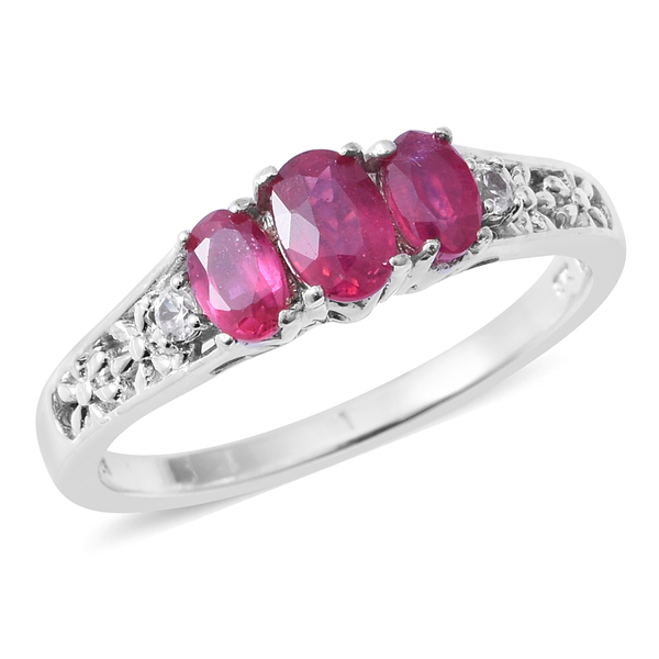 African Ruby (Ovl 1.25 Ct), Natural White Cambodian Zircon Ring in Rhodium Overlay Sterling Silver 1