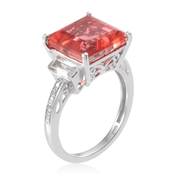 Padparadscha Colour Quartz (Sqr 7.25 Ct), White Topaz Ring in Platinum Overlay Sterling Silver 8.050 Ct.