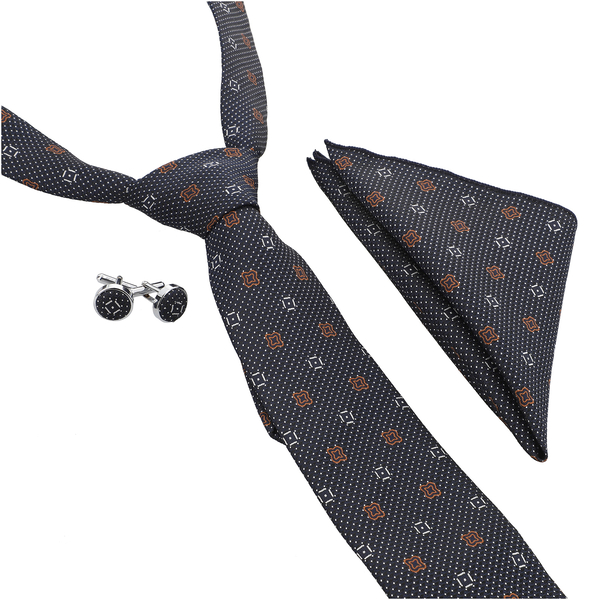 3 Piece Set - Tie, Cufflink, Pocket Square in a Gift Box - Black (Size Tie: 150x8 cm; Pocket Square: 25 cm)