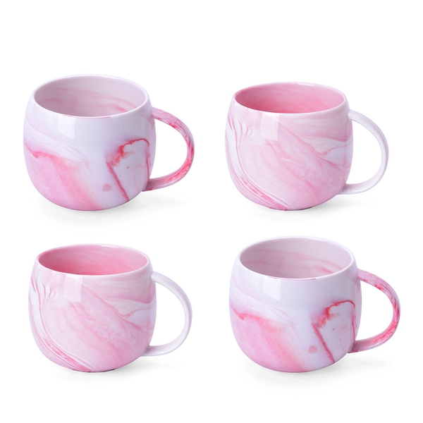Set of 4 - Pink and White Colour Marble Pattern Ceramic Mug (Size 10X9 Cm)