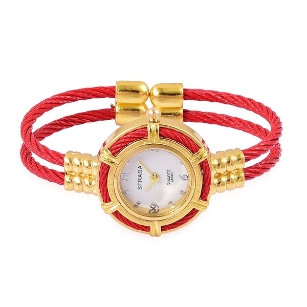 STRADA Japanese Movement Red Colour Bangle Watch in Gold Tone with Stainless Steel Back