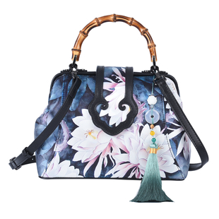 Silk & Leather Lotus Pattern Bag with  Handle Drop and Adjustable Shoulder Strap (Size 28x20x11cm) - Blue