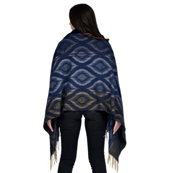 Ikat Pattern Faux Fur Shawl with Fringe (Size 175x65cm) - Dark Blue