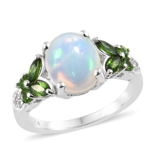 2.25 Ct Ethiopian Welo Opal and Multi Gemstone Floral Ring in Platinum Plated Sterling Silver