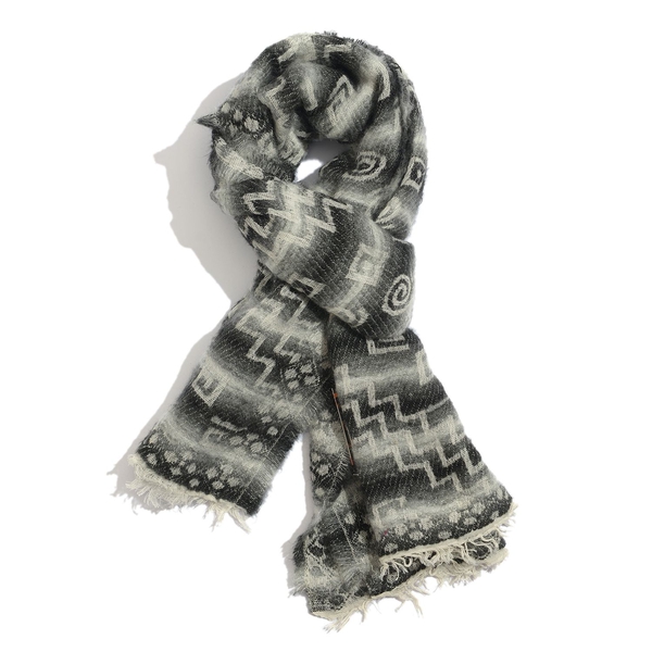 WINTER SPECIAL Mohair, Acro and Cotton Black and White Colour Geometric Pattern Scarf (Size 195x75 Cm)