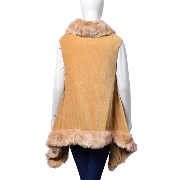 Designer Inspired Khaki Buttoned Poncho with Faux Fur Collar (One Size Fits All)