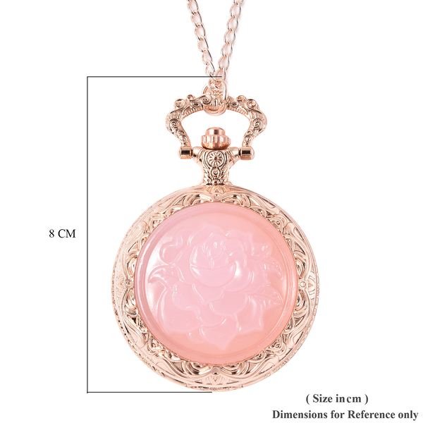 GENOA Japanese Movement Carved Rose Quartz Rose Pattern Water Resistant Pocket Watch with Chain in Rose Gold Tone