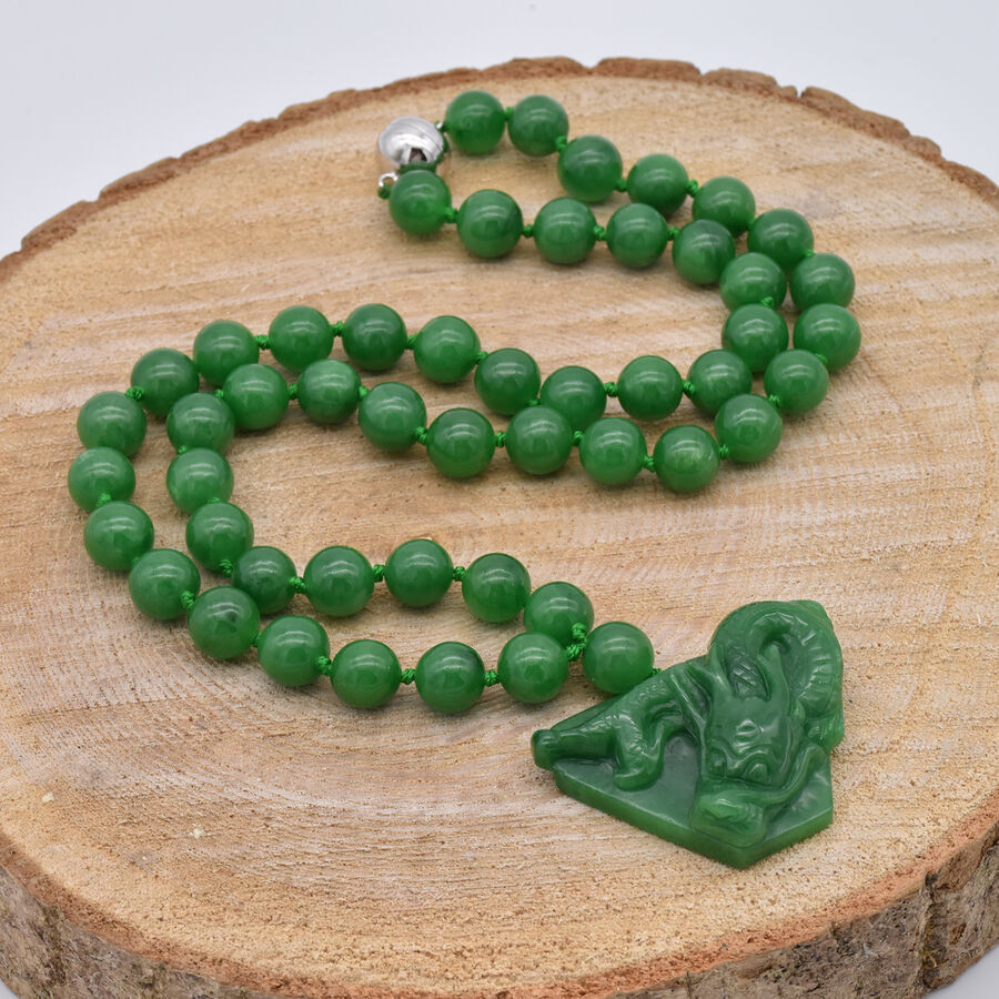 Green Jade Dragon Necklace (Size 24) in Rhodium Overlay Sterling Silver