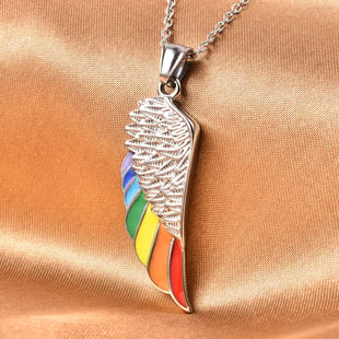 Rainbow Enamelled Angel Wing Pendant with Chain (Size 20) in Stainless Steel