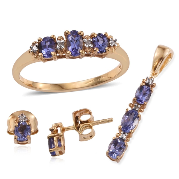 Tanzanite (Ovl), Diamond Ring, Pendant and Stud Earrings (with Push Back) in 14K Gold Overlay Sterli