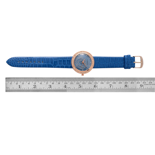 STRADA Japanese Movement Blue Dial White Austrian Crystal Water Resistant Watch in Rose Gold Tone with Croc Embossed Blue Strap
