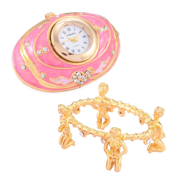 AAA White Austrian Crystal Studded Rose Pink and Light Pink Enameled Egg Shape Jewellery Box with a Clock Mounted on Top in Gold Tone