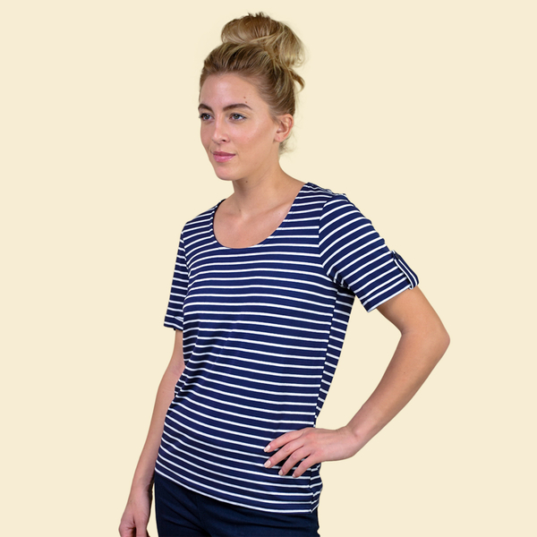 VISCOSE Womens Stripe Jersey Scoop Neck Tee Top (Size 10) - Navy and White