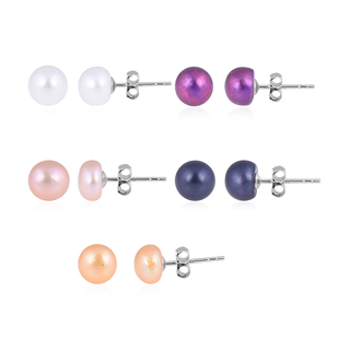 Set of 5 - Freshwater Multi Colour Pearl Ball Stud Earrings (with Push Back) in Sterling Silver