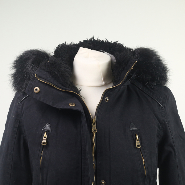 Solid Black Parka Jacket with Faux Fur Trim Detachable Hood and Zip Fastening (Size 12)