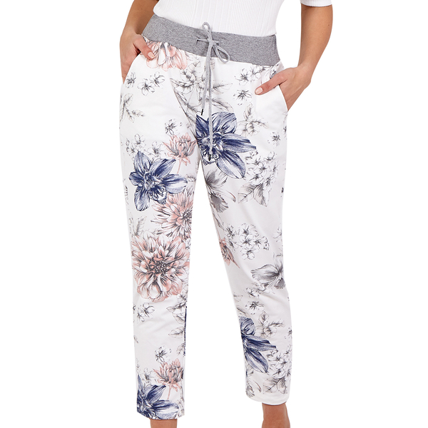 NOVA OF LONDON Flower Print Jersey Trousers (Size up to 16) in Cream