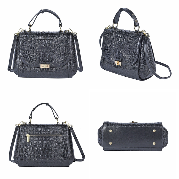 100% Genuine Leather Croc Embossed Convertible Bag with Detachable Long Strap (Size 32x22x11 cm) - Black