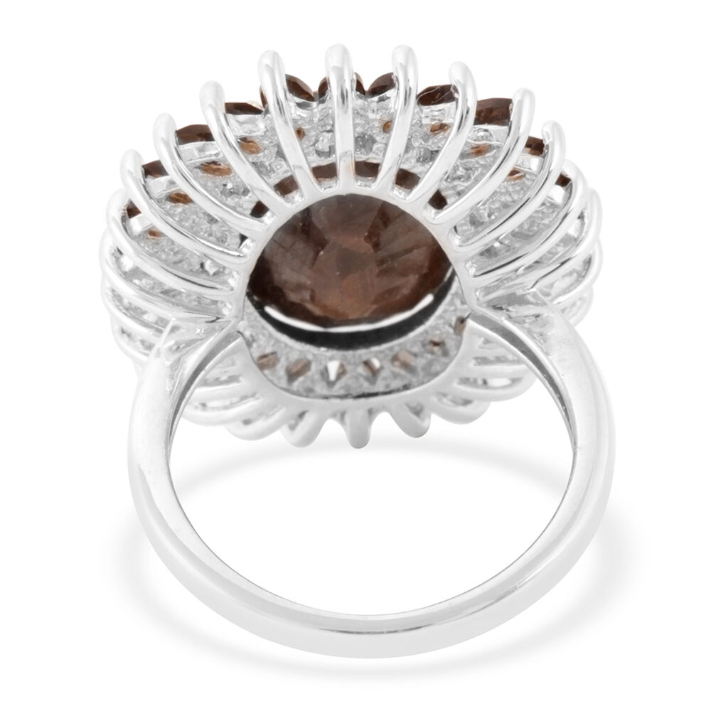 Chocolate Sapphire (Ovl 10.80 Ct), Brazilian Smoky Quartz Ring in Rhodium Plated Sterling Silver 13.000 Ct.