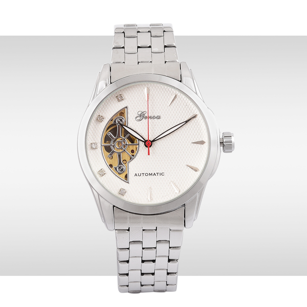 GENOA Automatic Skeleton White Austrian Crystal Studded White Dial Watch in Silver Tone with Stainless Steel and Glass Back